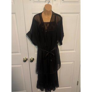 Vintage Cinema Etoile Peignoir Set Long Black Nightgown and Short Sheer Robe M